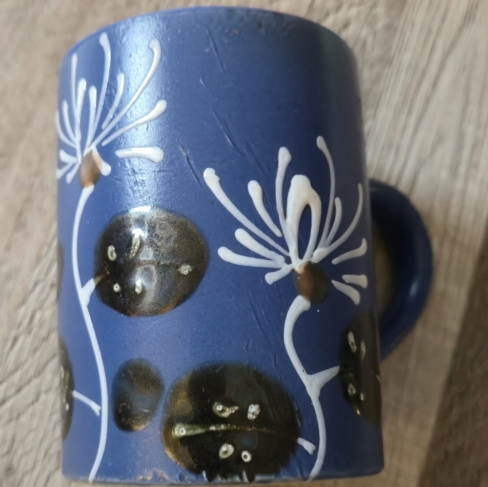 Studio Pottery Signed Blue White Dandelion Coffee Mug Ceramic Hand Thrown Cup
